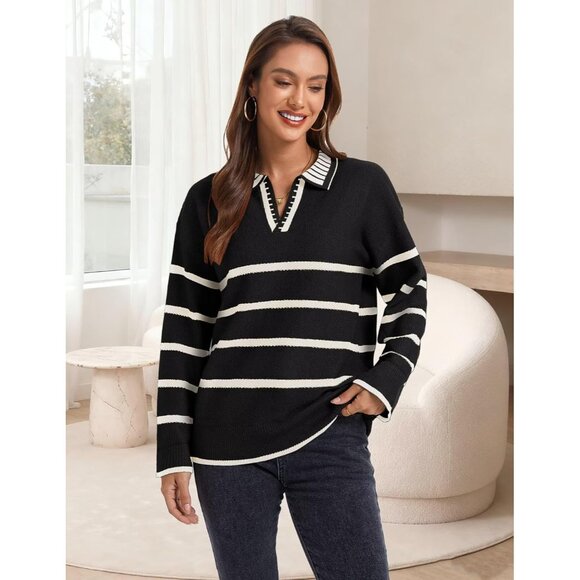 Women’s Black Fall Polo Sweater Striped V Neck Long Sleeve Pullover - Picture 4 of 6